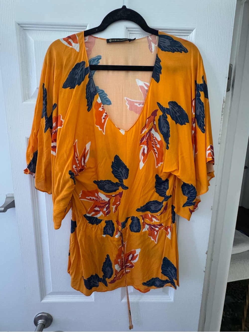 Mustard Floral V-Neck Tunic with Drawstring Waist